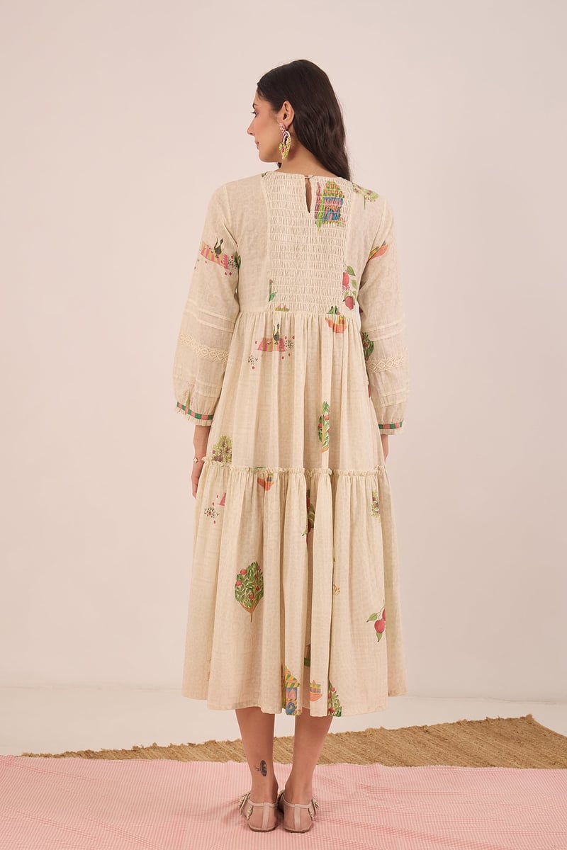 Cream Cotton Scenic Print Tiered Midi Dress