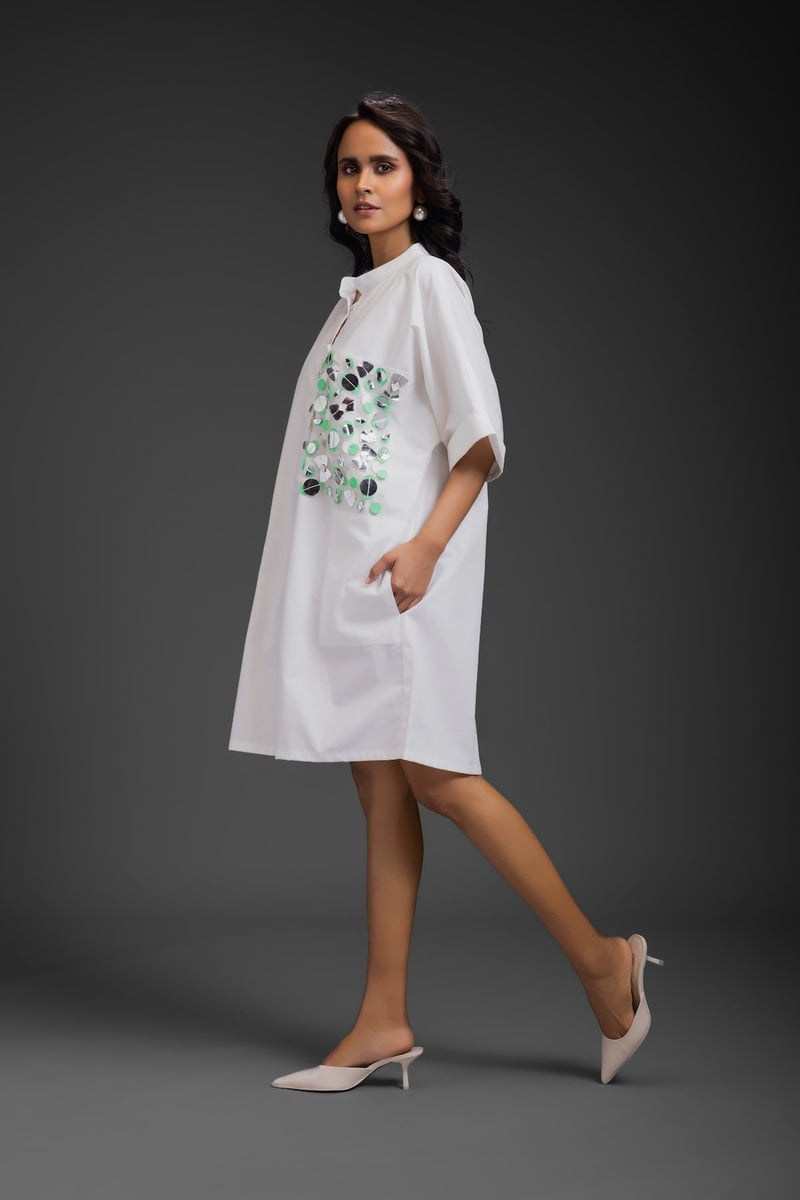 White Relaxed Shirt Dress with Statement Pocket