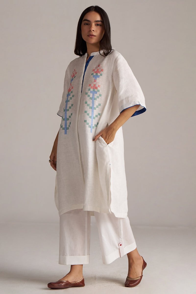 White Linen Embroidered Kurta and Pants Co-ord Set