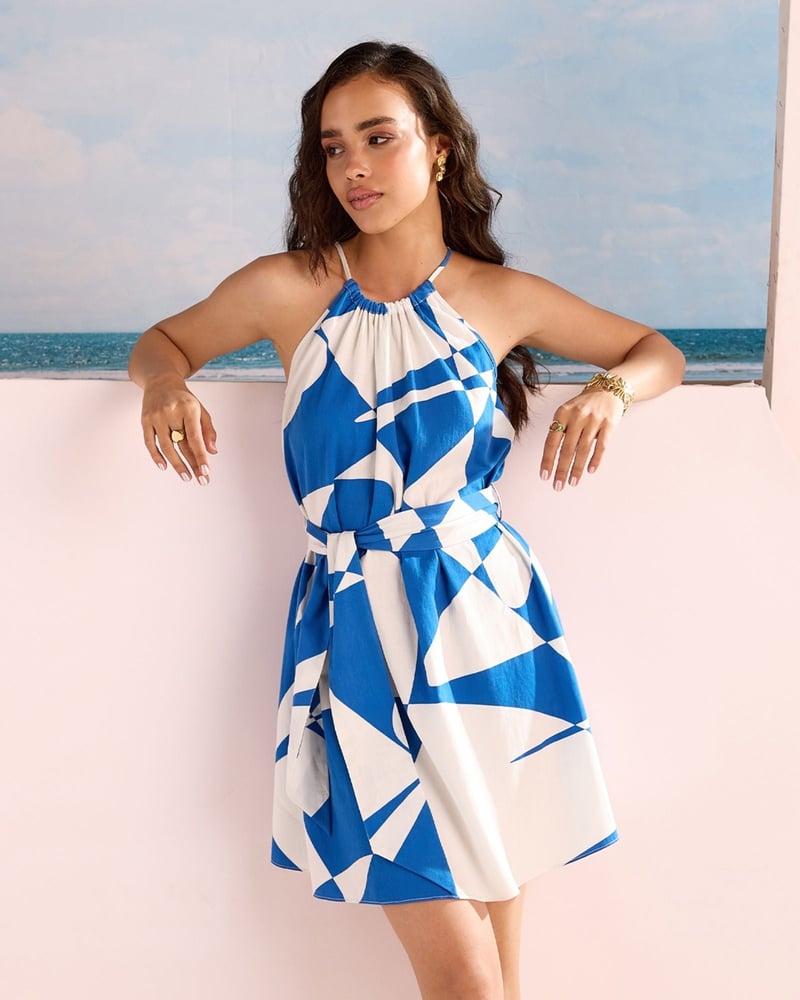 Blue/White Abstract Print Halter Mini Dress with Belt