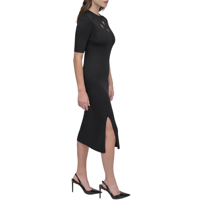 Black Rib-Knit Bodycon Midi Dress with Cut-Out Yoke