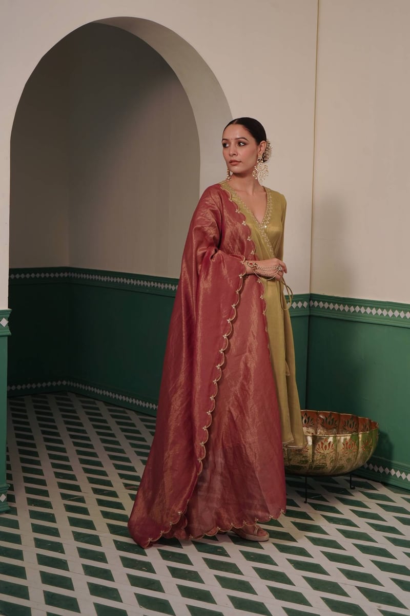 Meadow Green Tissue Angrakha Kurta Set with Narrow Pants
