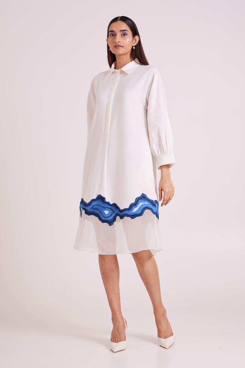Ivory Midi Shirt Dress with Blue Hem Border