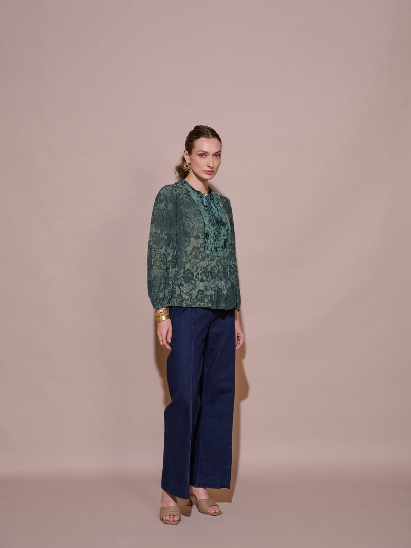 Green Burnt Velvet Lace-Up Yoke Flowy Top