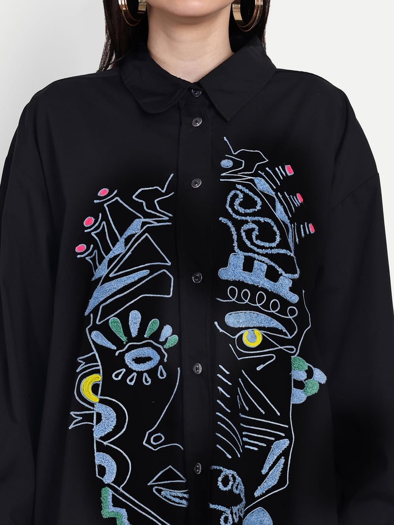 Black Oversized Embroidered Button-Down Shirt