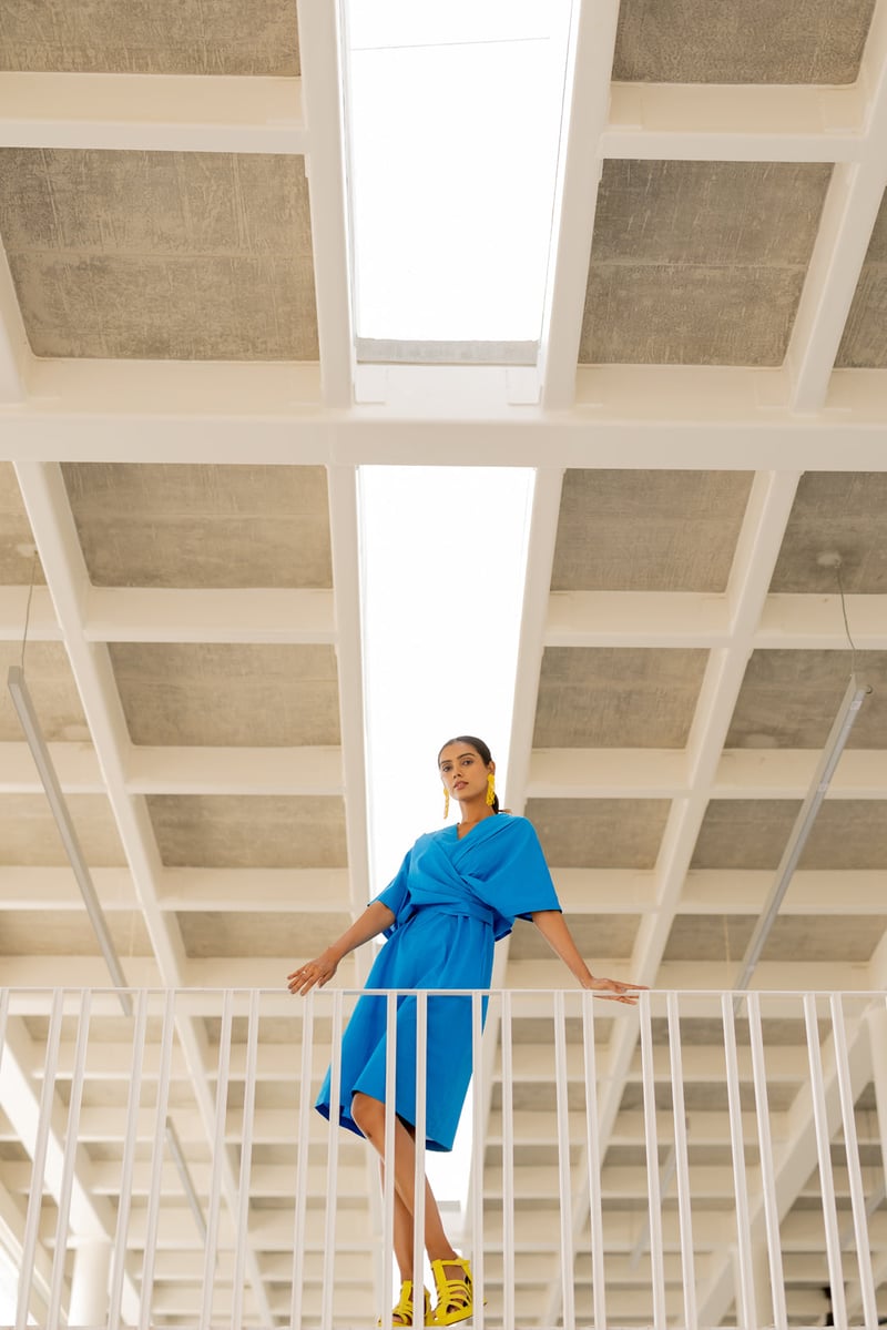 Blue Cotton Poplin Wrap Dress with Kimono Sleeves