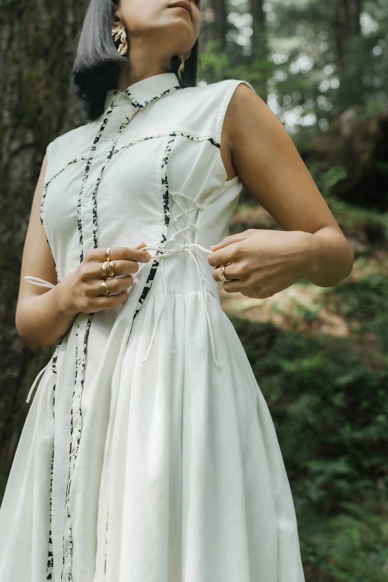 White Midi Shirt Dress with Contrast Piping and Side Tie
