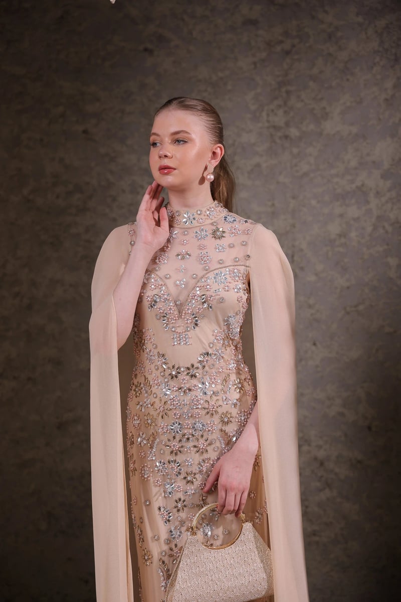 Cream Hand-Embellished Cape Maxi Gown — EDITION II