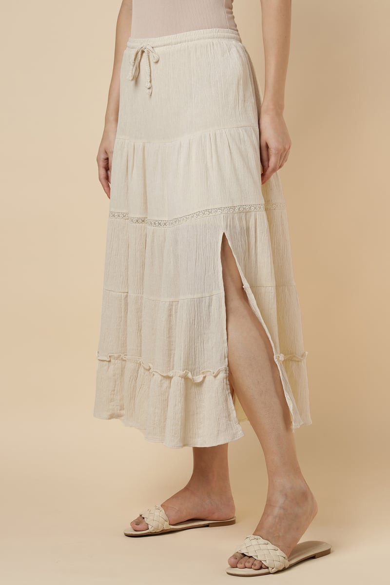 Natural Tiered Midi Skirt with Drawstring Waist