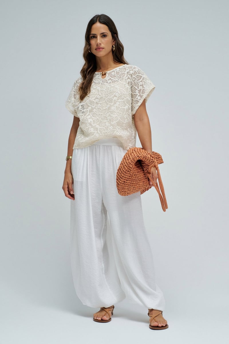 Light Beige Crochet T-Shirt with Keyhole Neck Detail