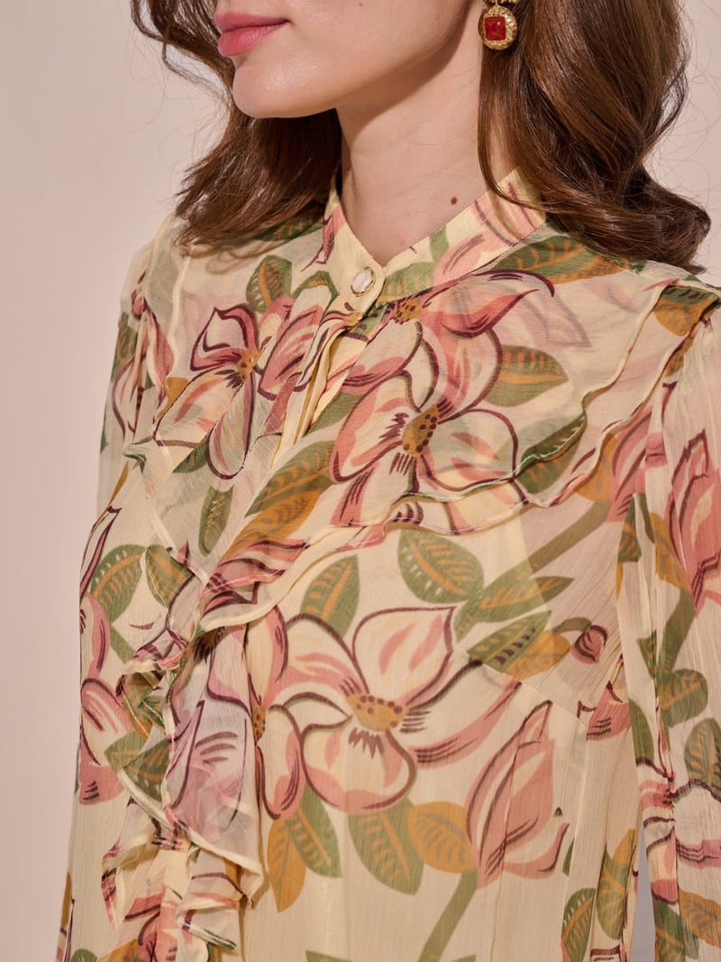 Yellow Floral Chiffon Ruffle High-Neck Top