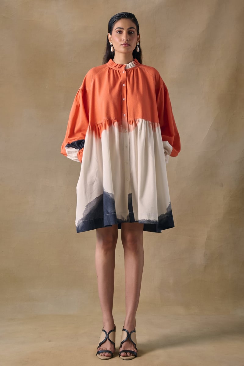 Orange Wash Printed Smock Mini Dress with Button-Down Front — Pocketful Of Cherrie