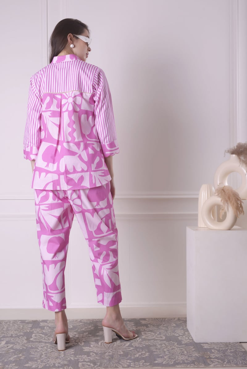 Pink Striped Poplin Shirt with Jumbo Print and Cutwork — SURABHI ARYA
