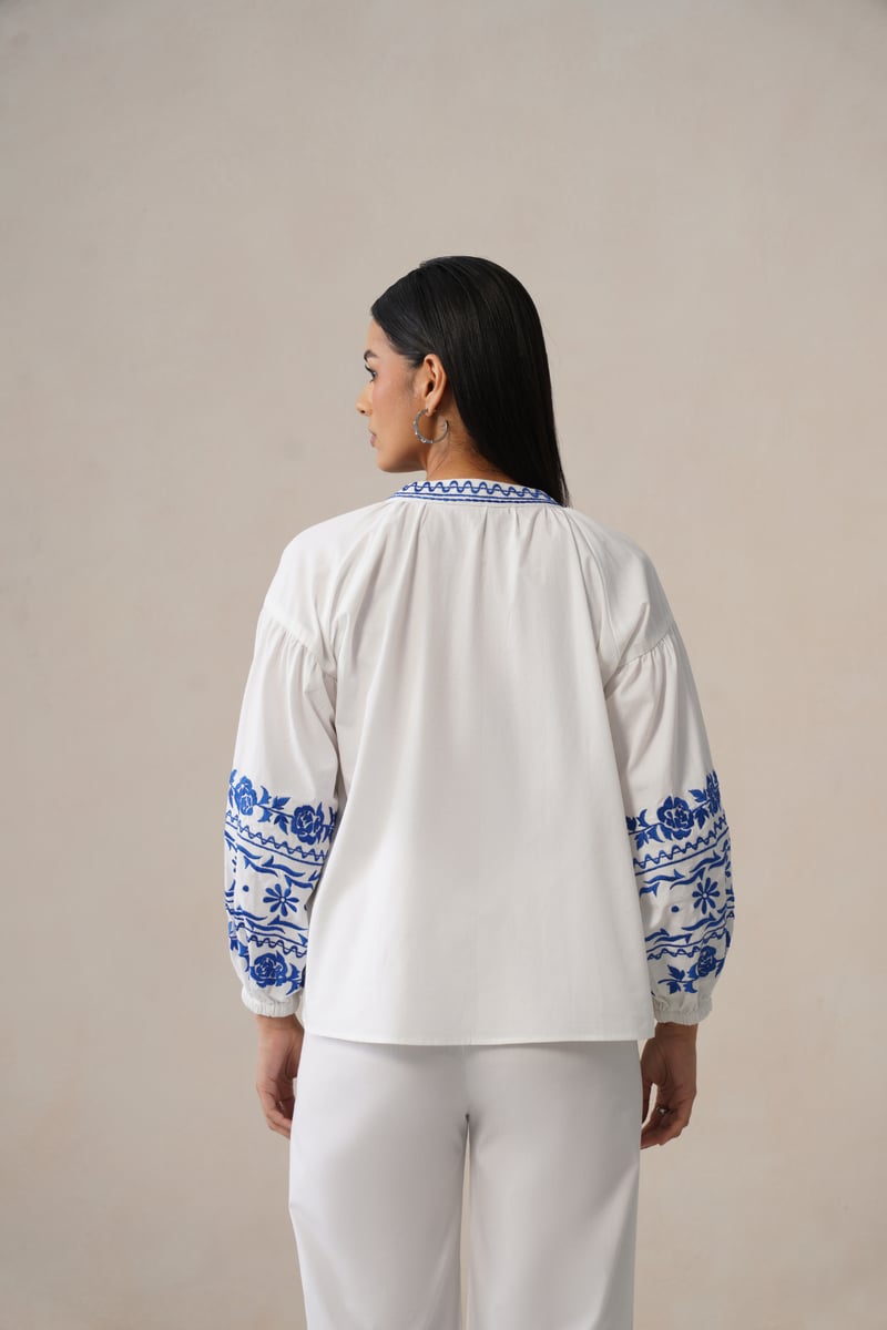 White Co-ord Set with Blue Embroidered V-Neck Top