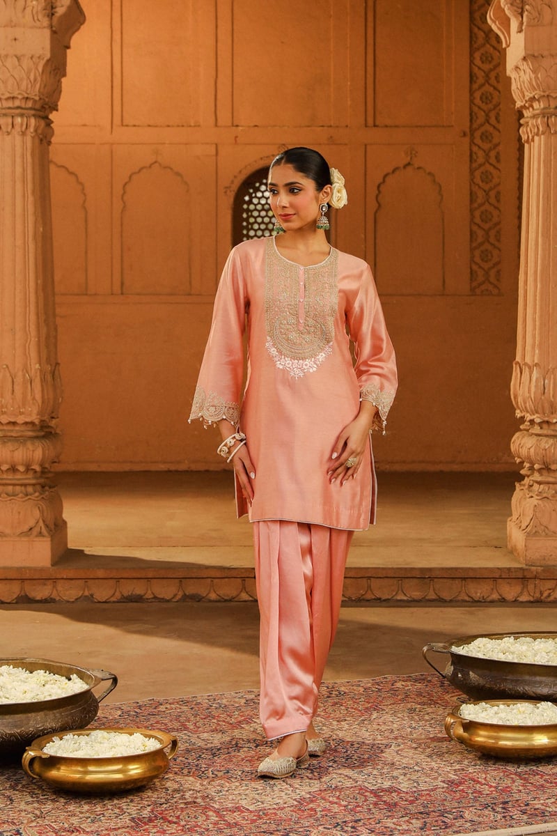 Off Rose Chanderi Embroidered Kurta and Salwar Set