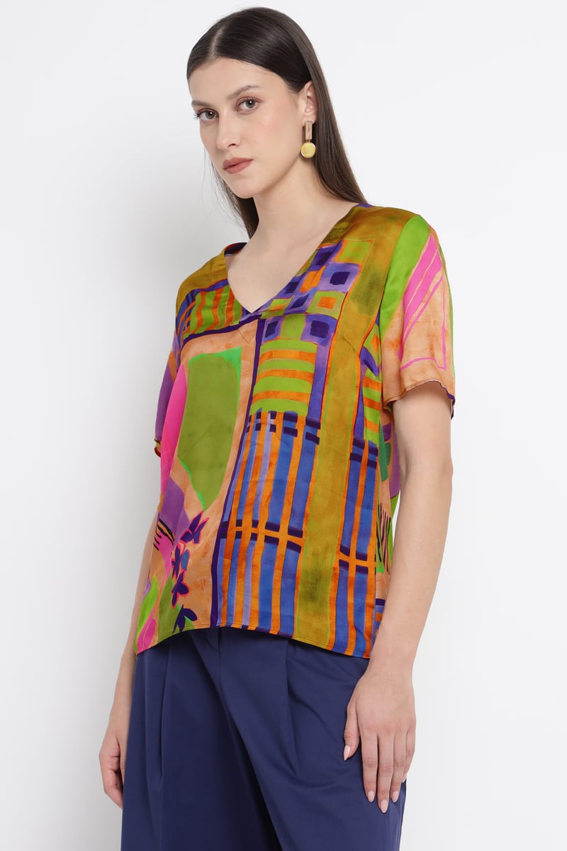 Multicolor Abstract Printed V-Neck Viscose Top