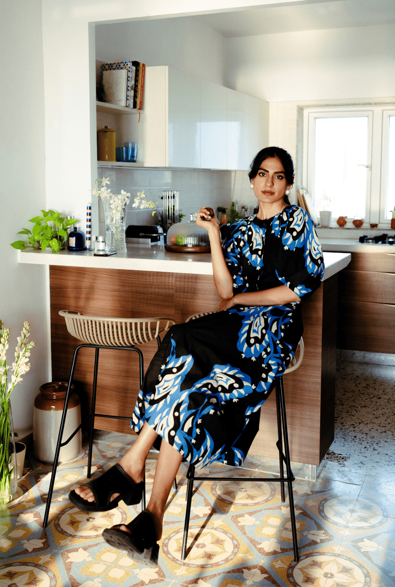 Black and Blue Abstract Print Fit and Flare Midi Dress — JODI