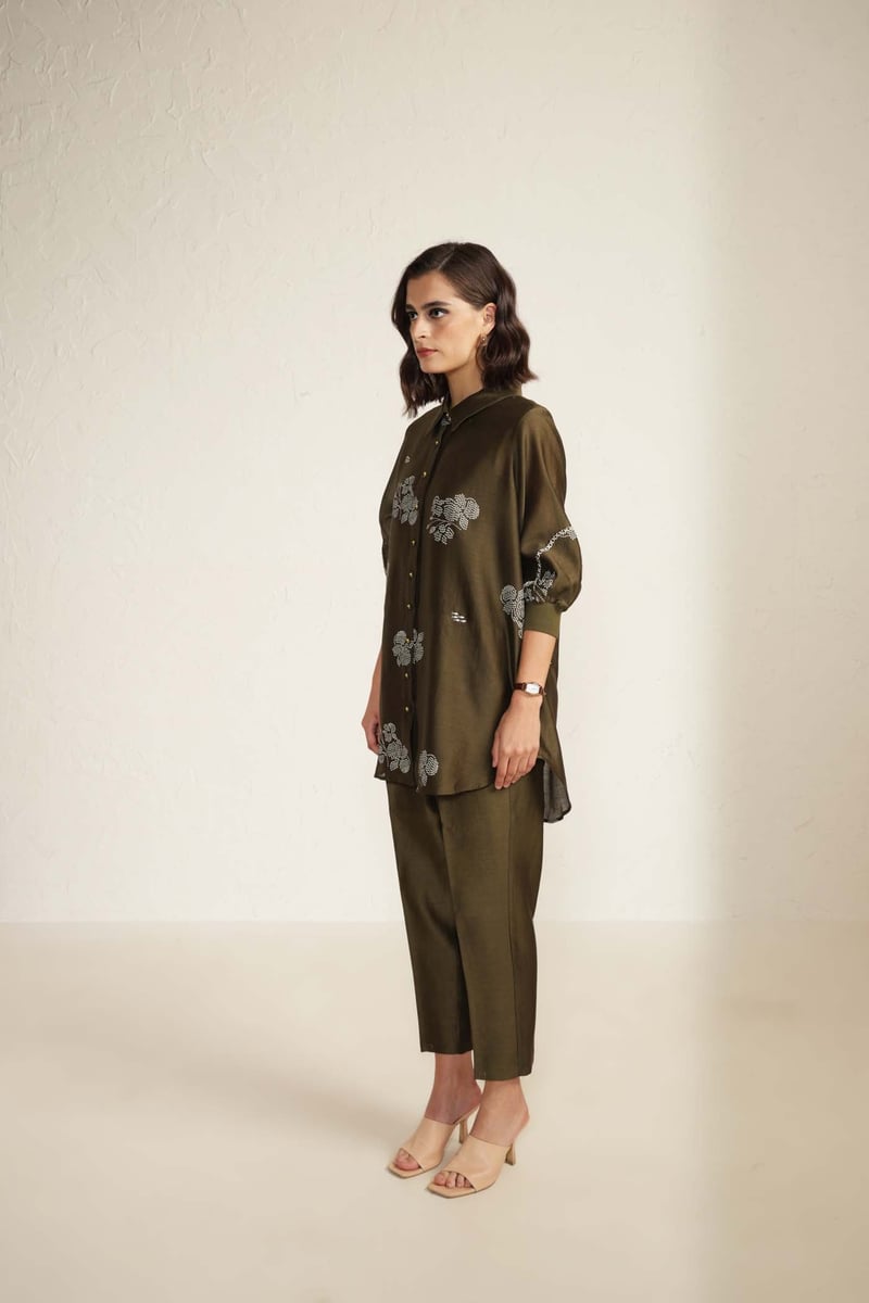Olive Silk Chanderi Embroidered Shirt and Pant Co-ord Set