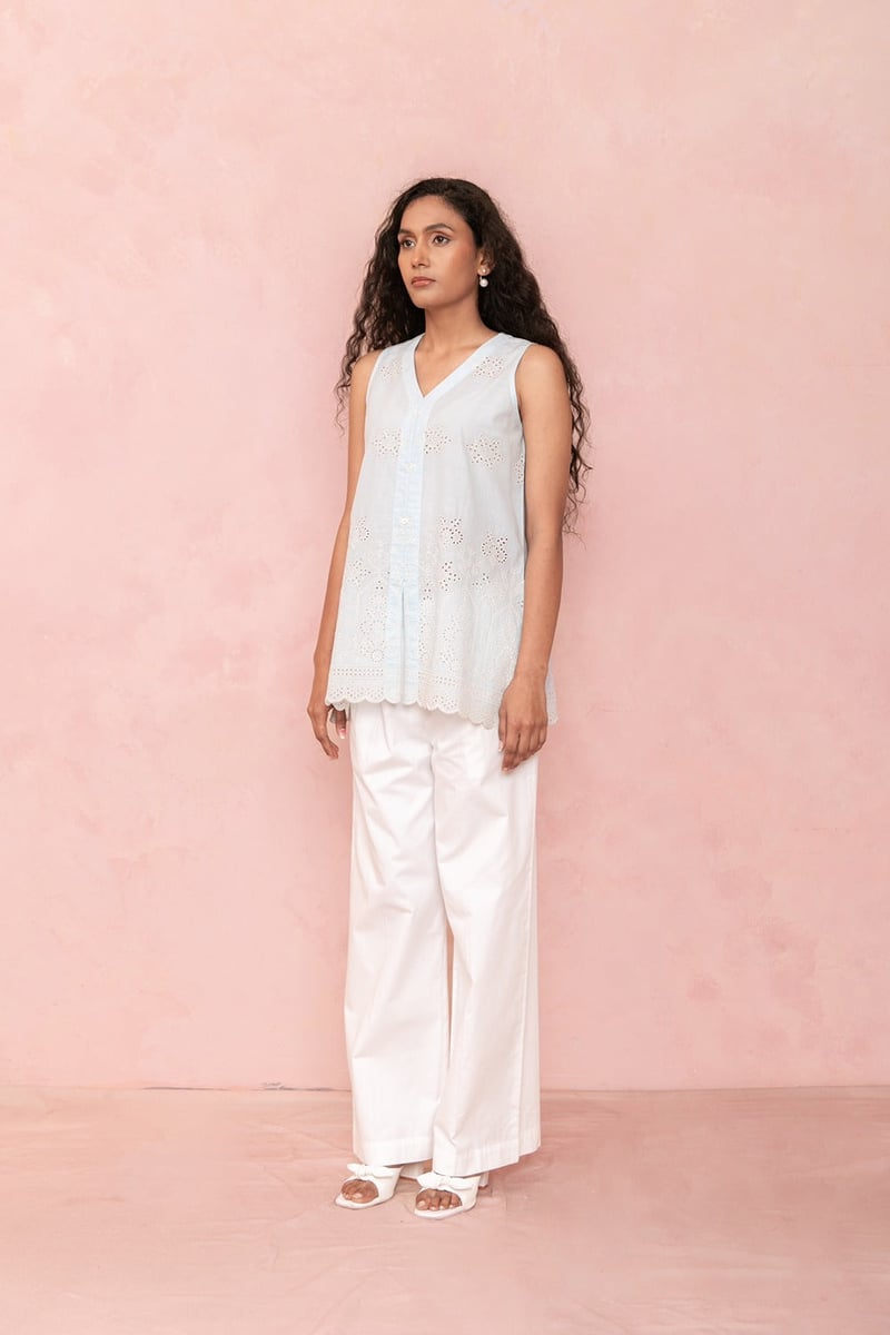 Blue Cotton Cambric Sleeveless V-Neck Embroidered Top