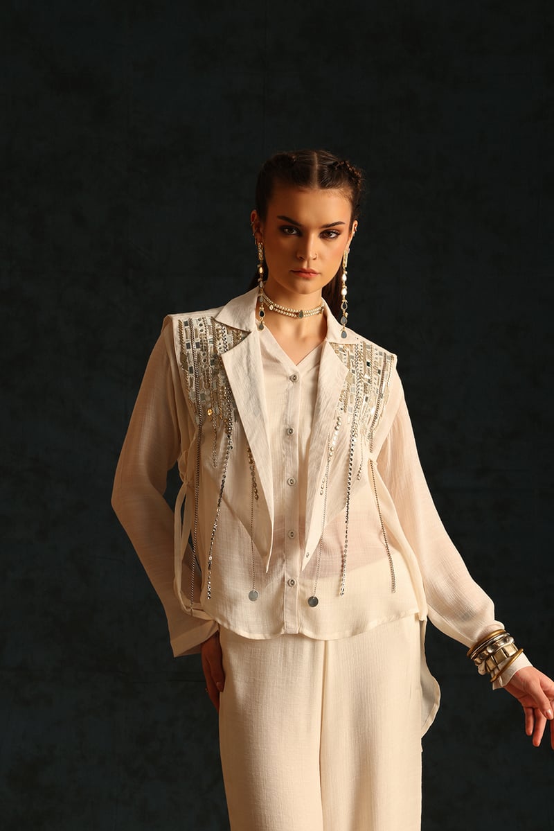 Off-White Shirt, Cape Waistcoat and Wide-Leg Pants Co-ord Set