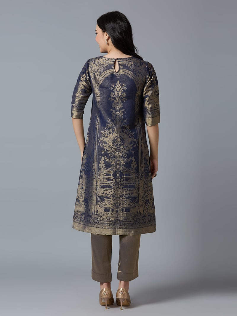 Navy/Gold Brocade Straight Kurta with 3/4 Sleeves