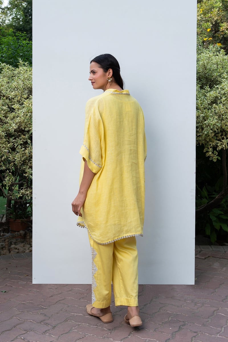Yellow Linen Kaftan Kurta with Embroidery and Lace Trim
