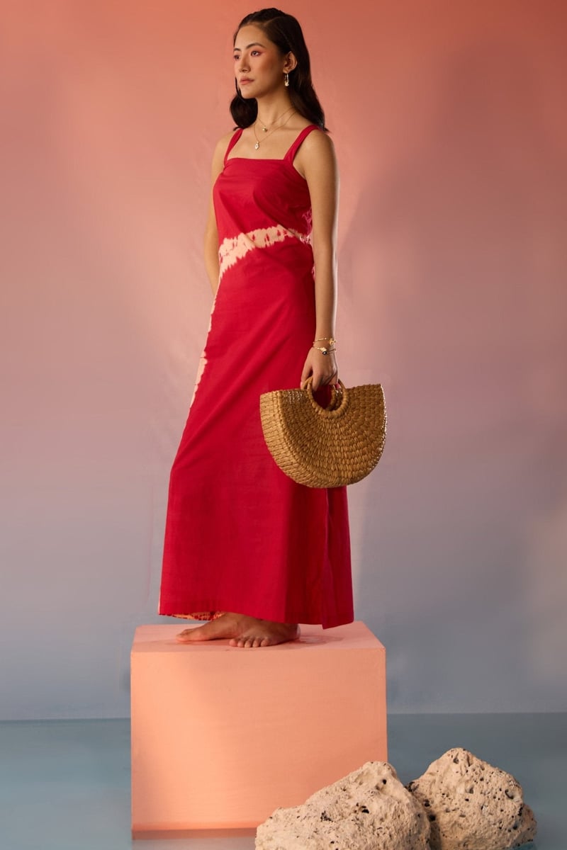 Red Tie-Dye Maxi Slip Dress with Crisscross Back