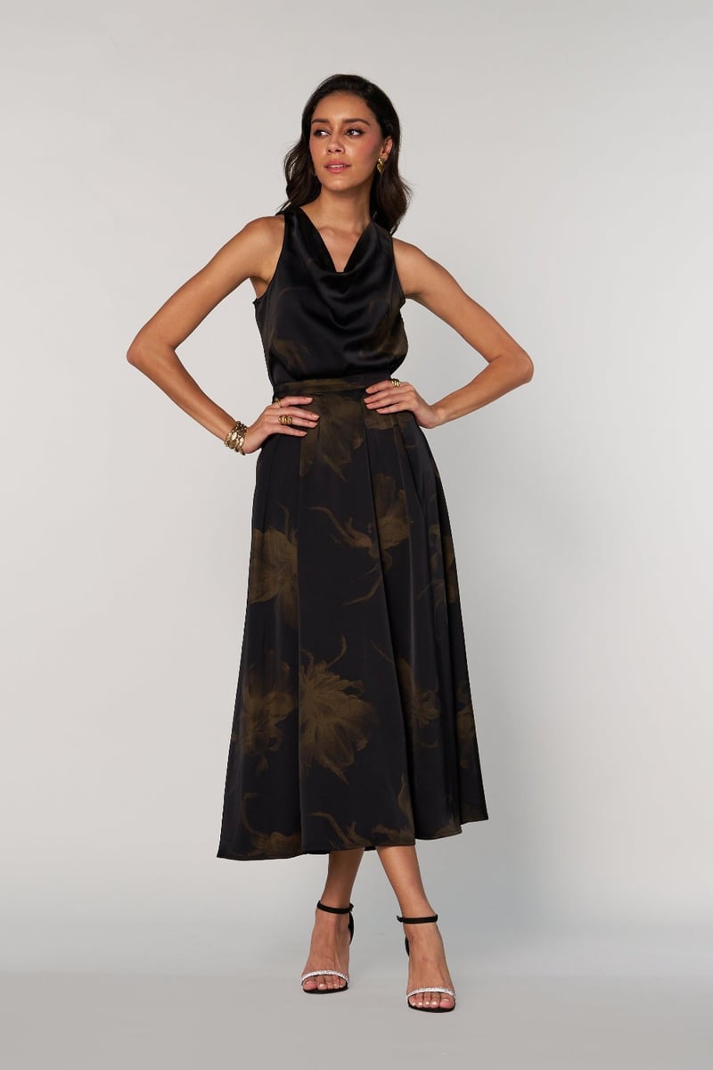 Black Satin Cowl Neck Sleeveless Printed Top