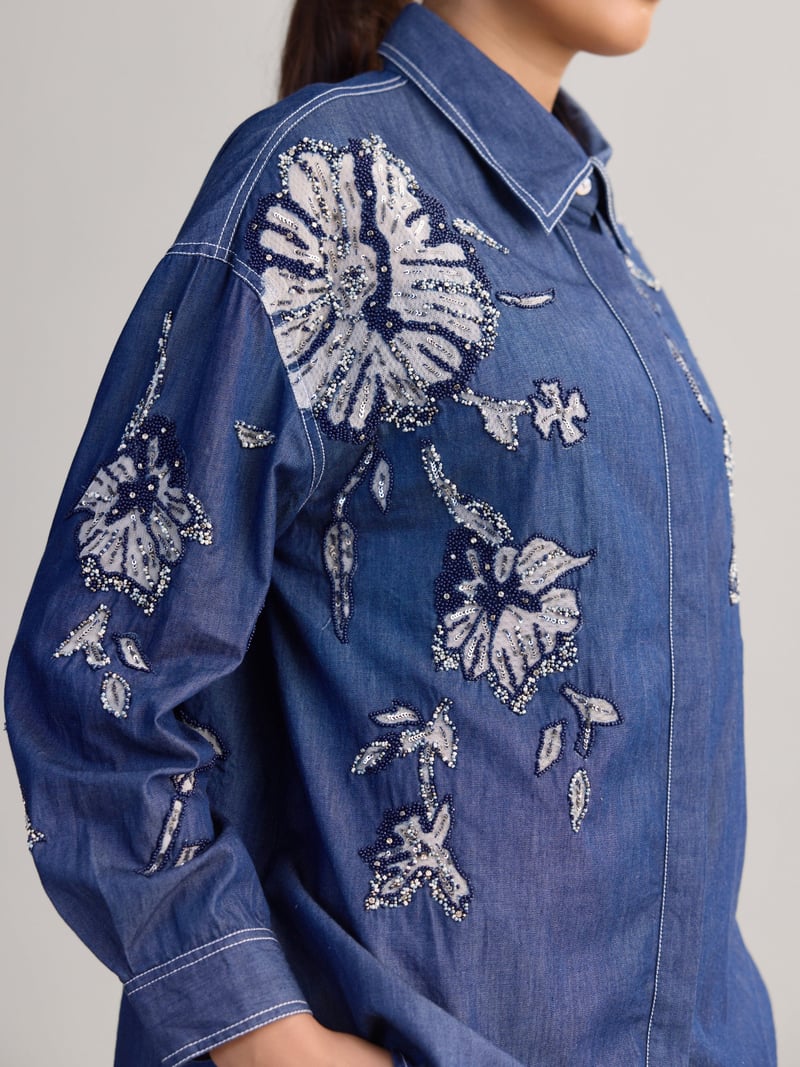 Blue Embellished Denim Shirt and Wide-Leg Pants Co-ord Set