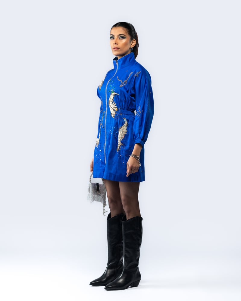 Royal Blue Zip-Front High Neck Embellished Mini Dress