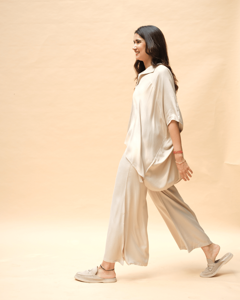 Taupe Draped Poncho Top and Bell Bottom Co-ord Set