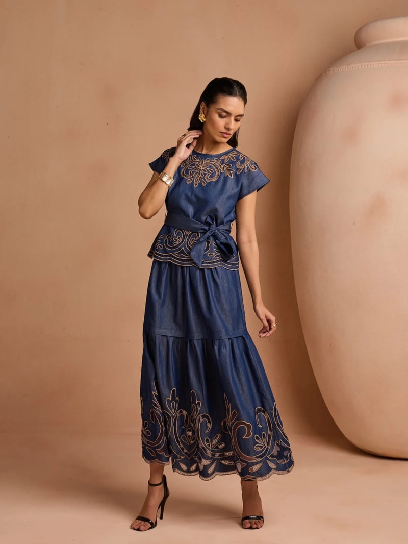 Blue Cotton Denim Cutwork Embroidered Belted Top