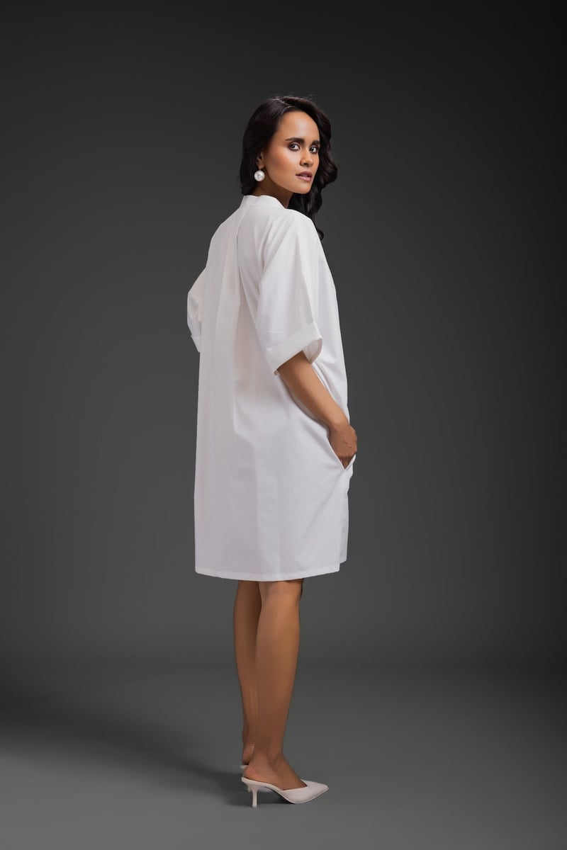 White Relaxed Shirt Dress with Statement Pocket