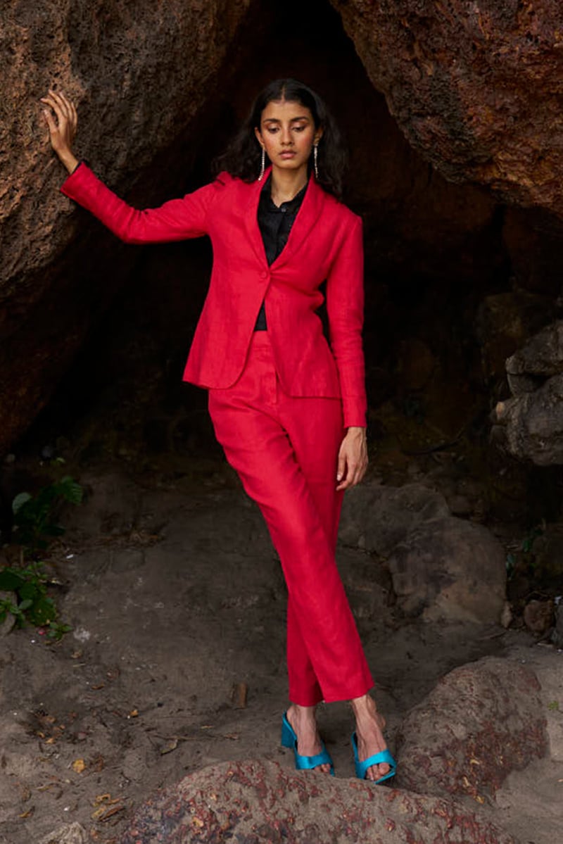Red Linen Shawl Lapel Single-Button Tailored Blazer