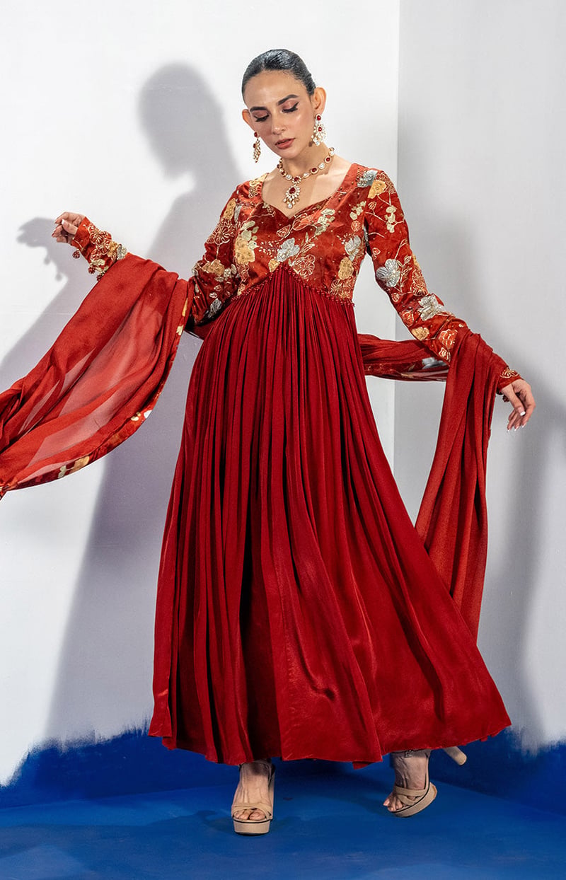 Maroon Embroidered Anarkali Kurta Set with Dupatta