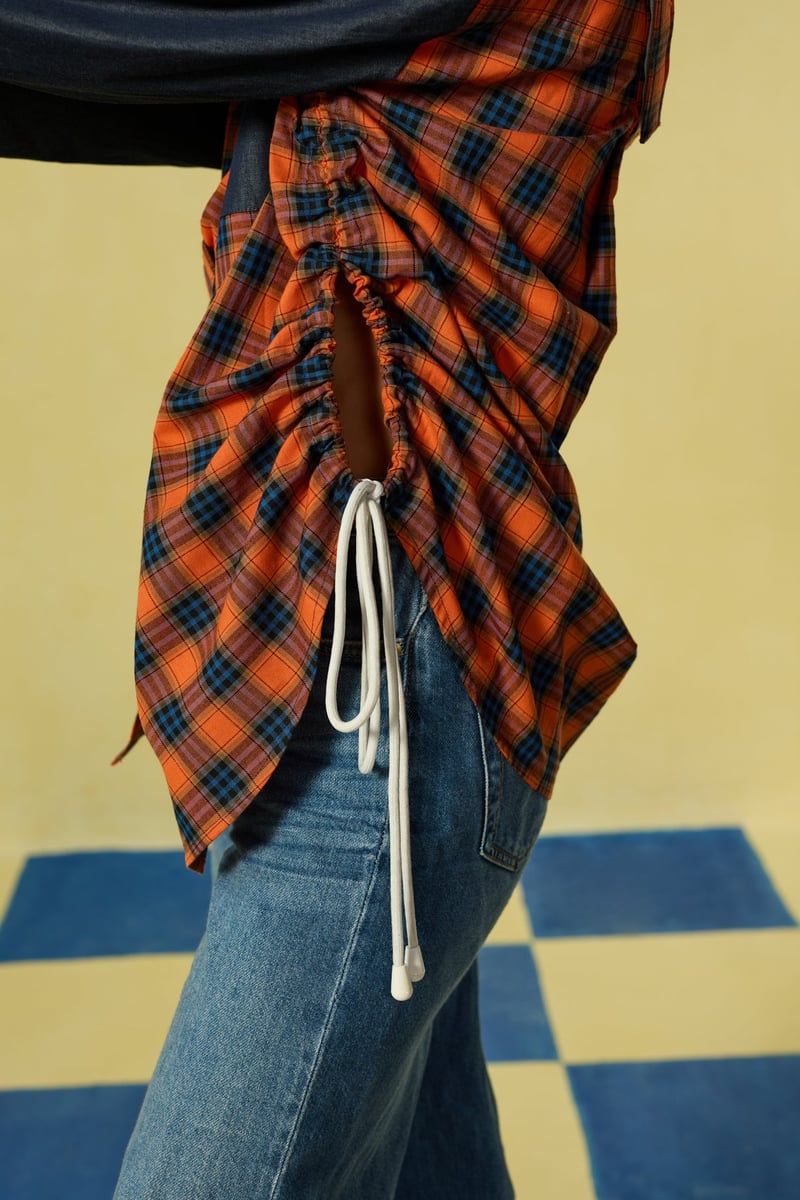 Red and Navy Checked Oversized Shirt with Side Drawstrings