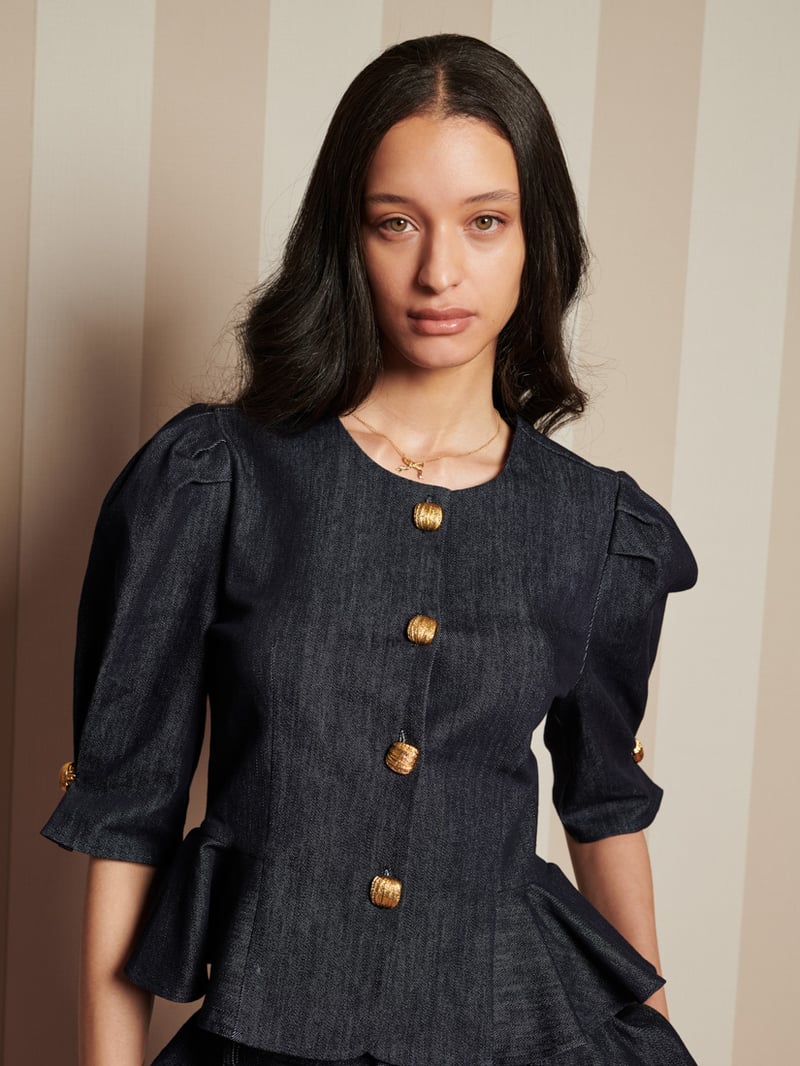 Dark Navy Denim Peplum Top with Gold Buttons