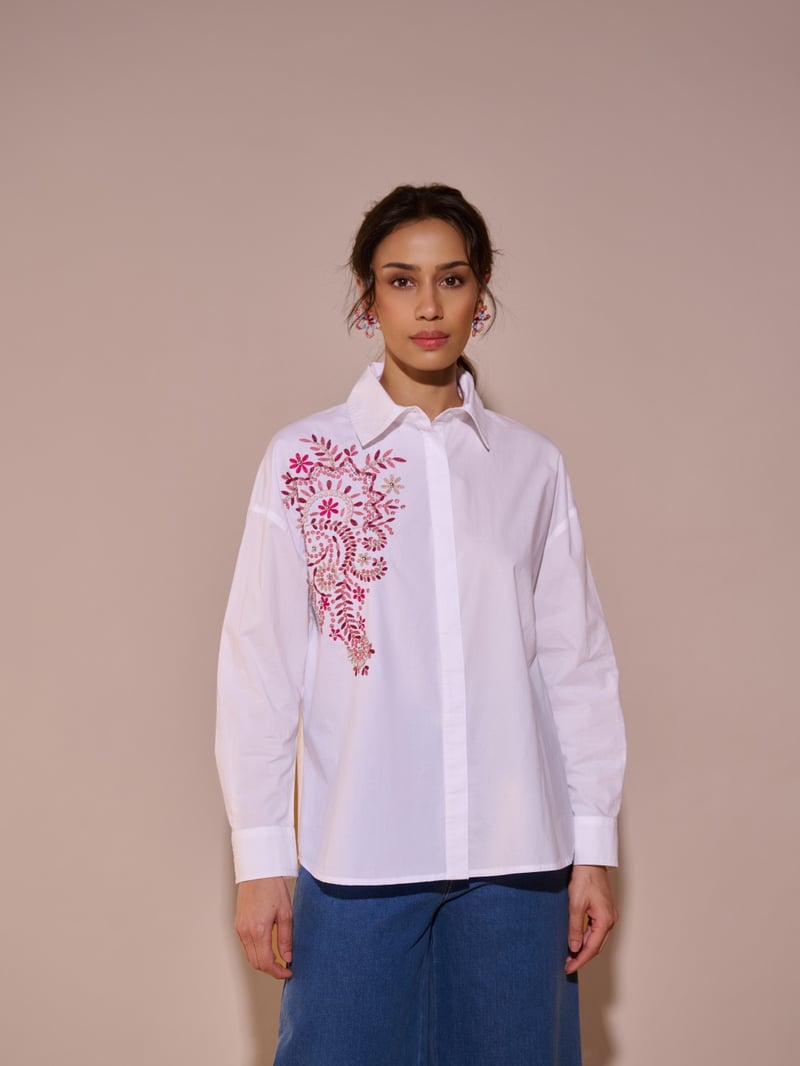 White Cotton Embroidered Button-Down Shirt