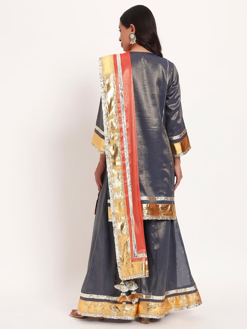 Grey-Blue Cotton Tissue Sharara Kurta Set with Dupatta