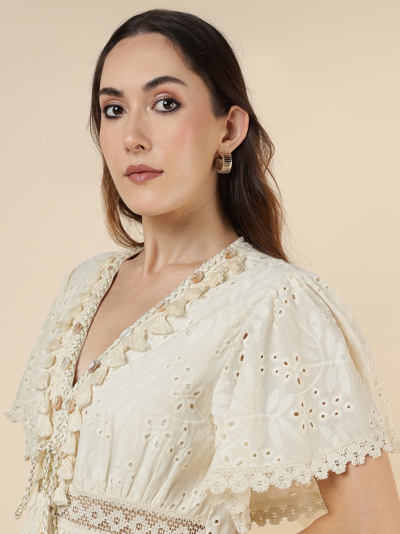 Natural Beige Cutwork Tiered Maxi Dress