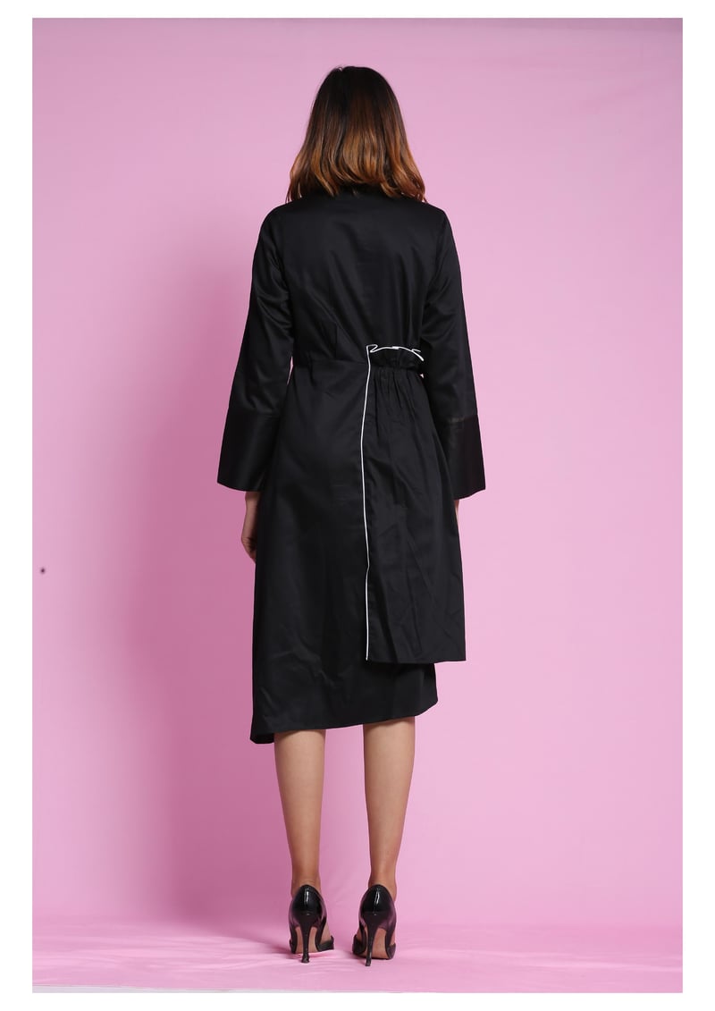 Black Cotton Satin Asymmetrical Midi Shirt Dress
