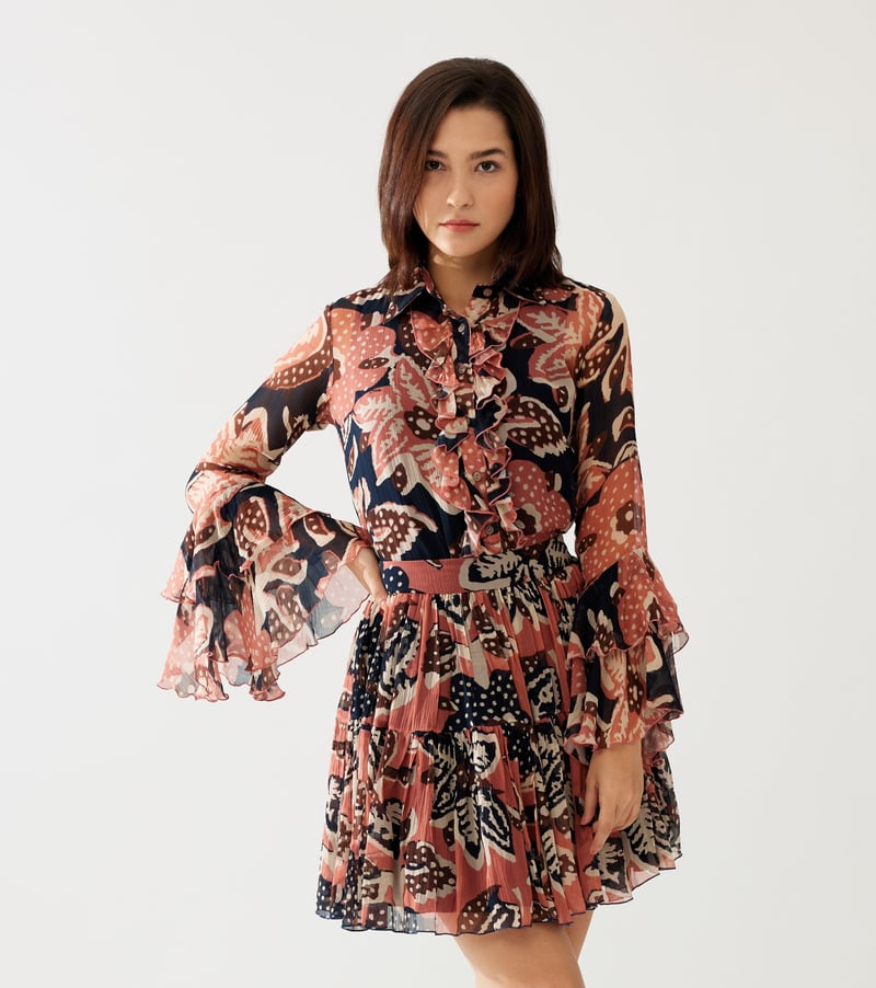 Dark Blue And Pink Floral Frill Top — KoAi