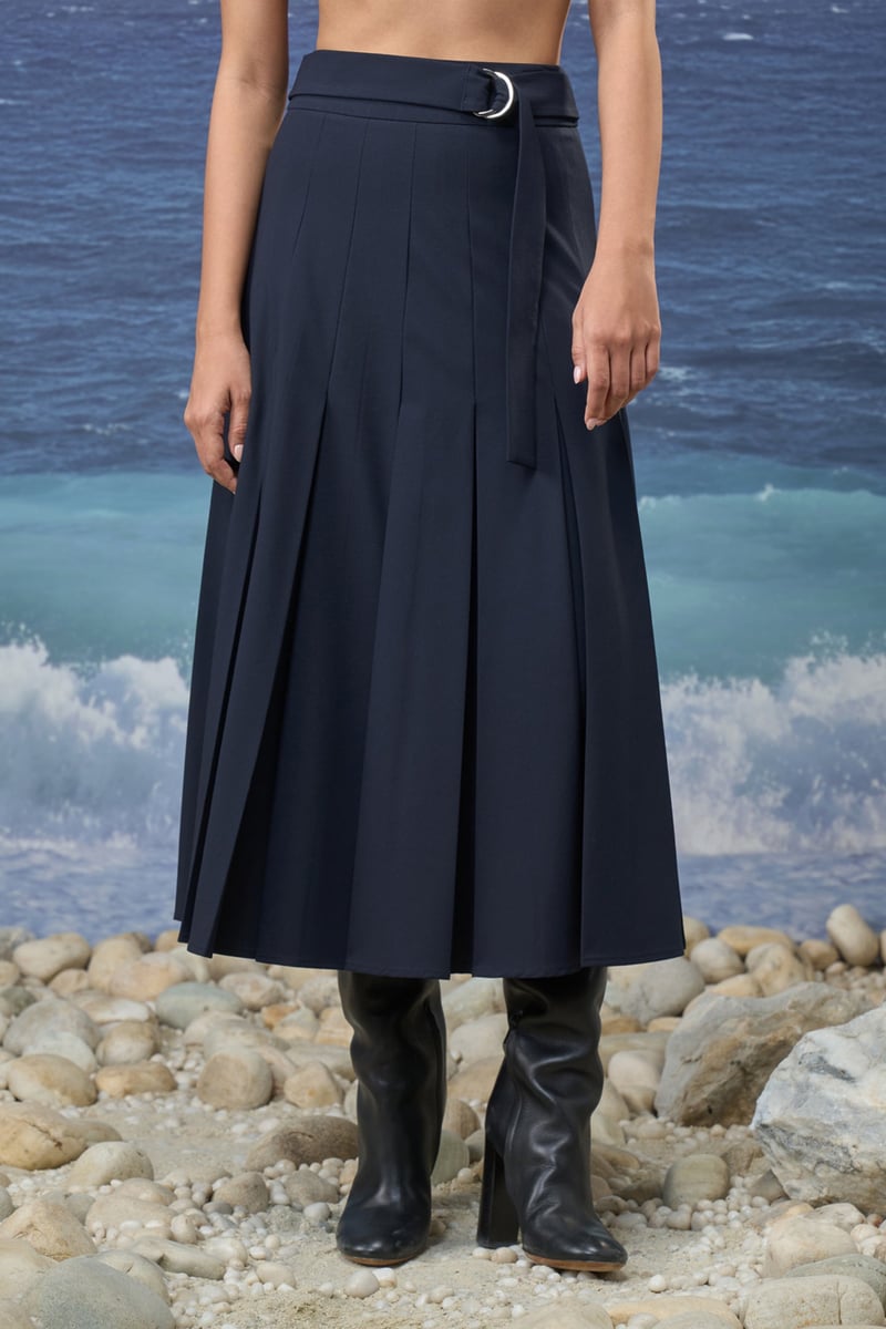 Navy High-Waist Pleated Midi Skirt with Belt Detail
