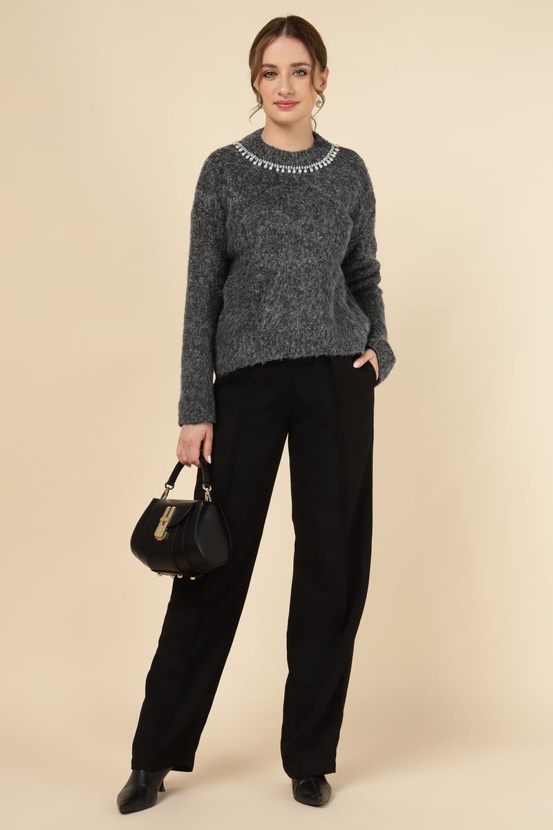 Grey Pearl-Embellished Neck Pullover Sweater — LUSTRIN