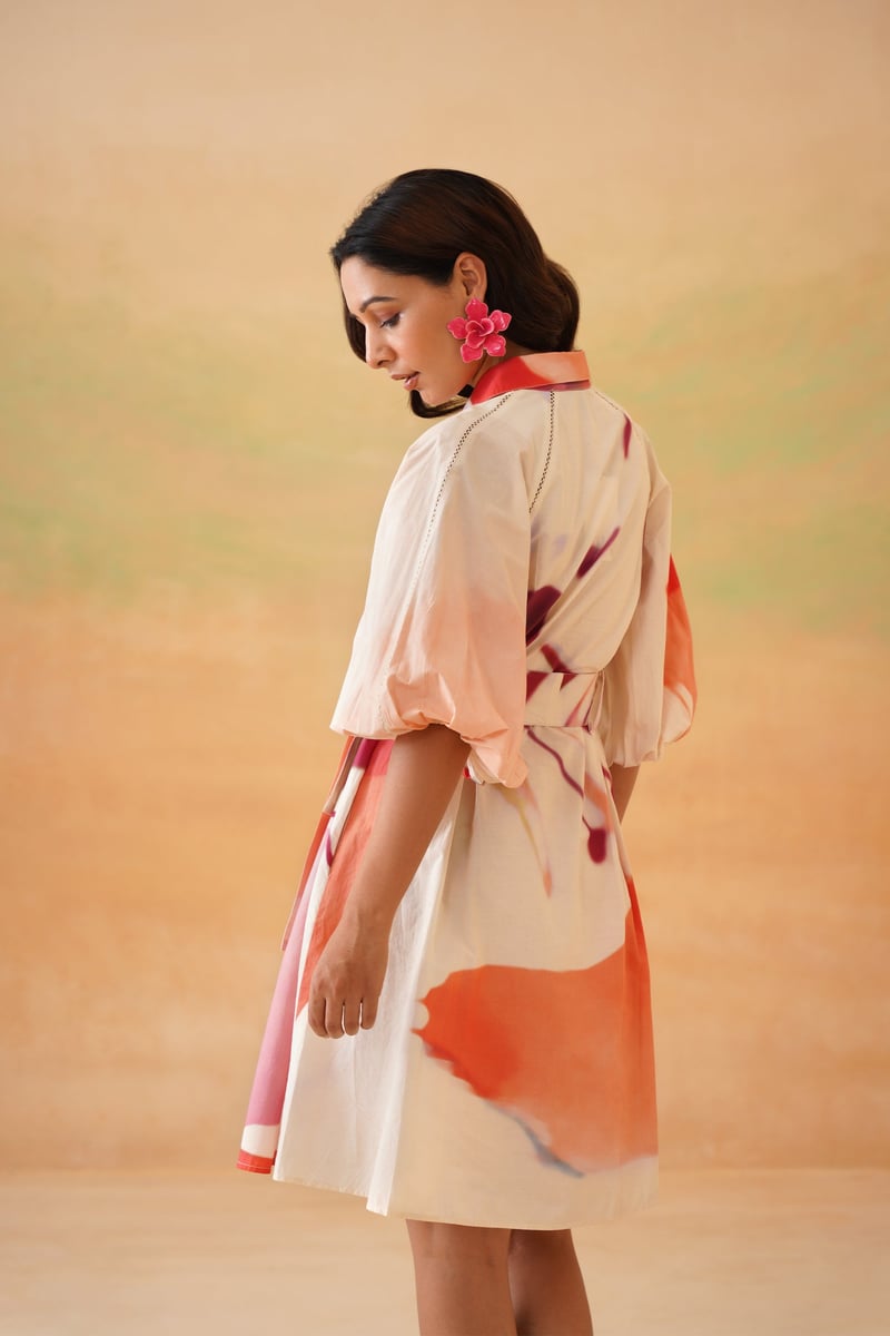 Beige Abstract Printed Mini Shirt Dress with Belt