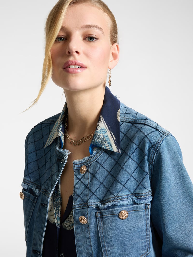 Blue Denim Jacket with Embroidered Yoke and Jewel Buttons