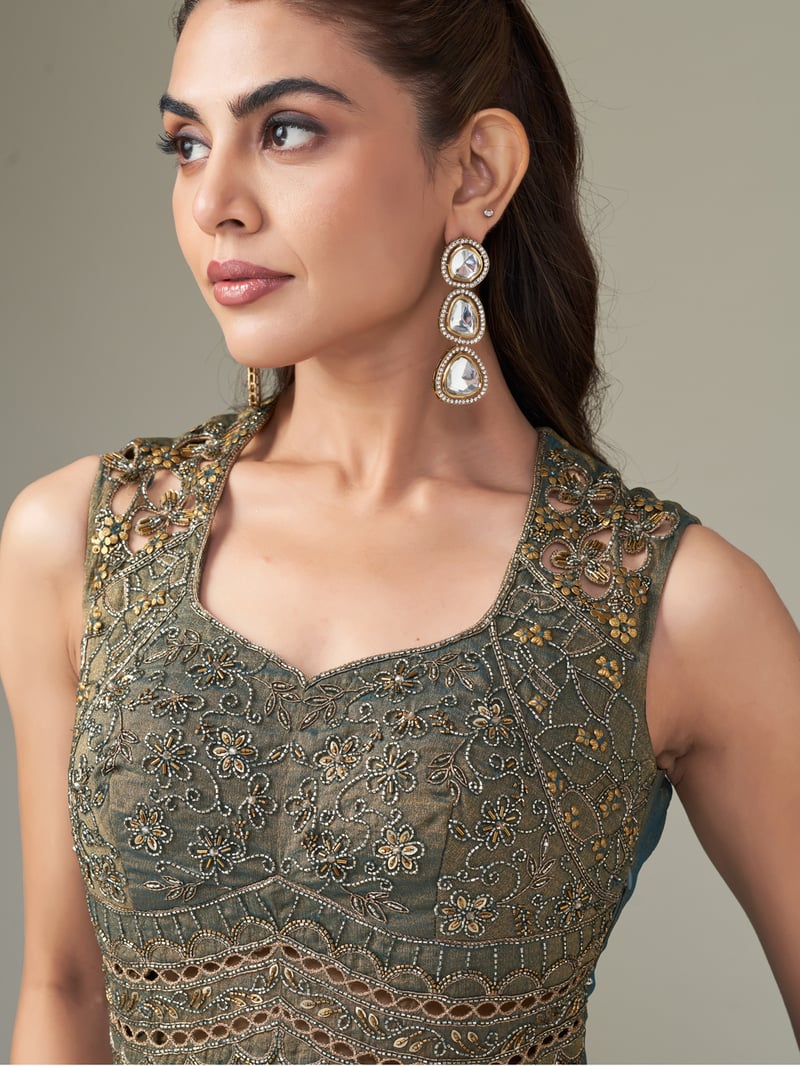 Moss Green Shimmer Chiffon Embroidered Co-ord Set
