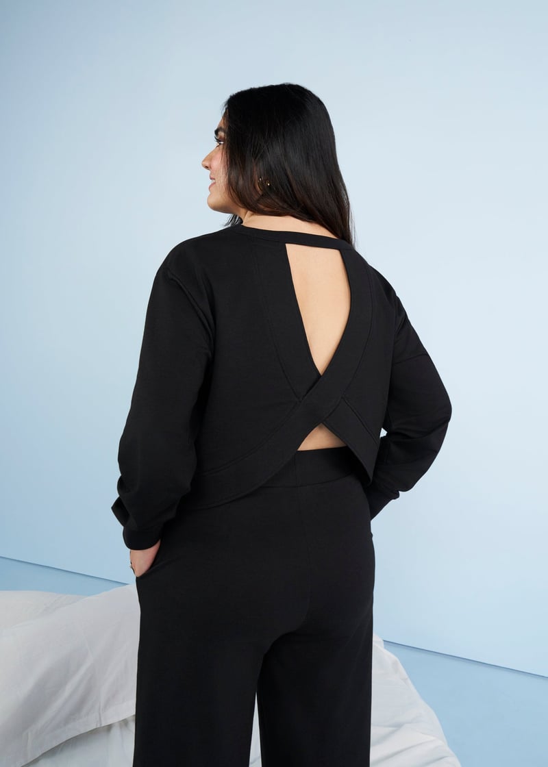 Black Bamboo Terry Open-Back Cropped Sweatshirt