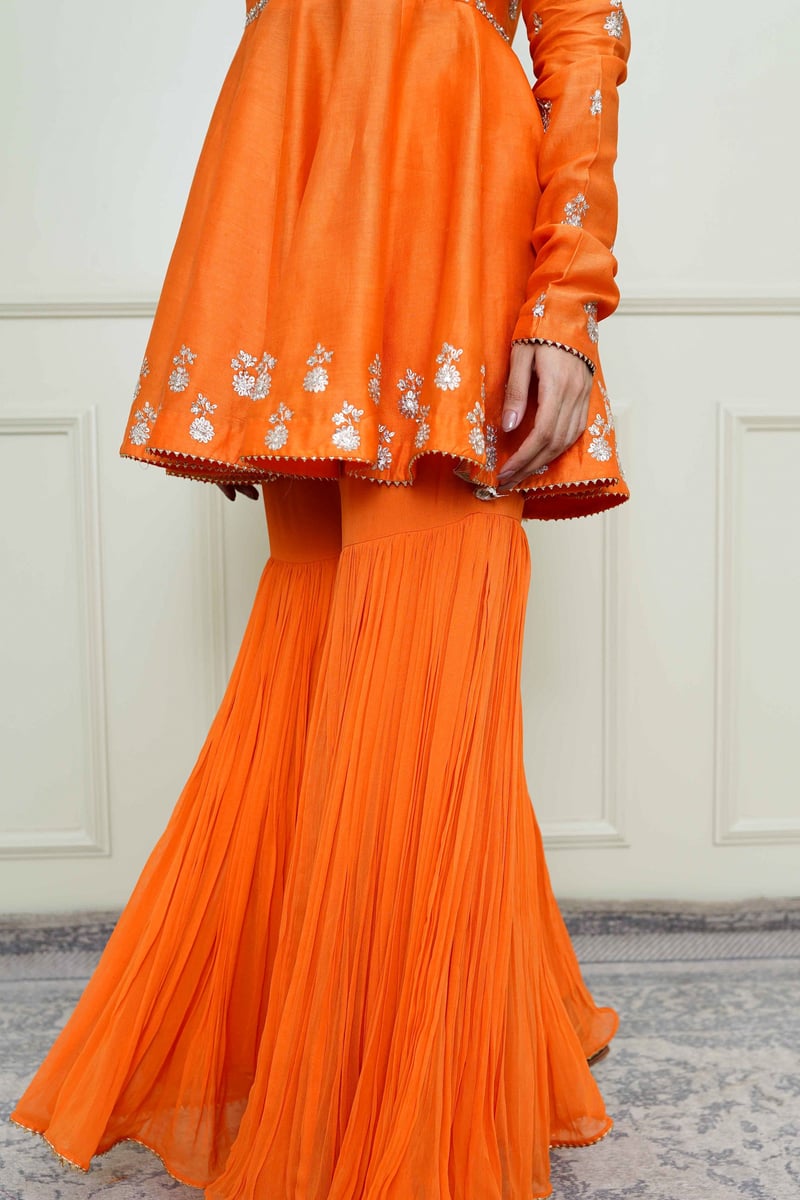 Pumpkin Orange Embroidered Peplum Kurta Garara Set