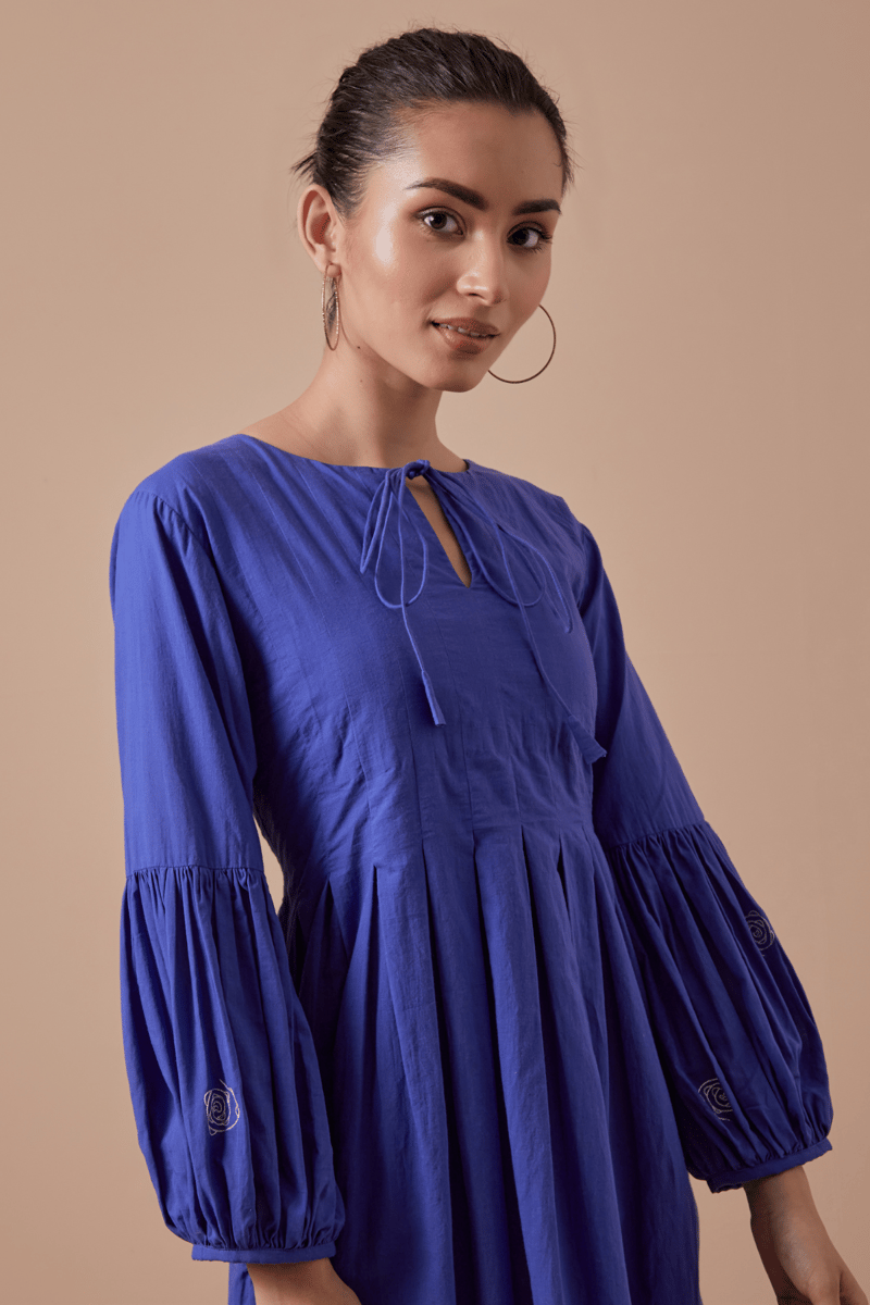 Royal Blue Handwoven Cotton Fit and Flare Knee-Length Dress